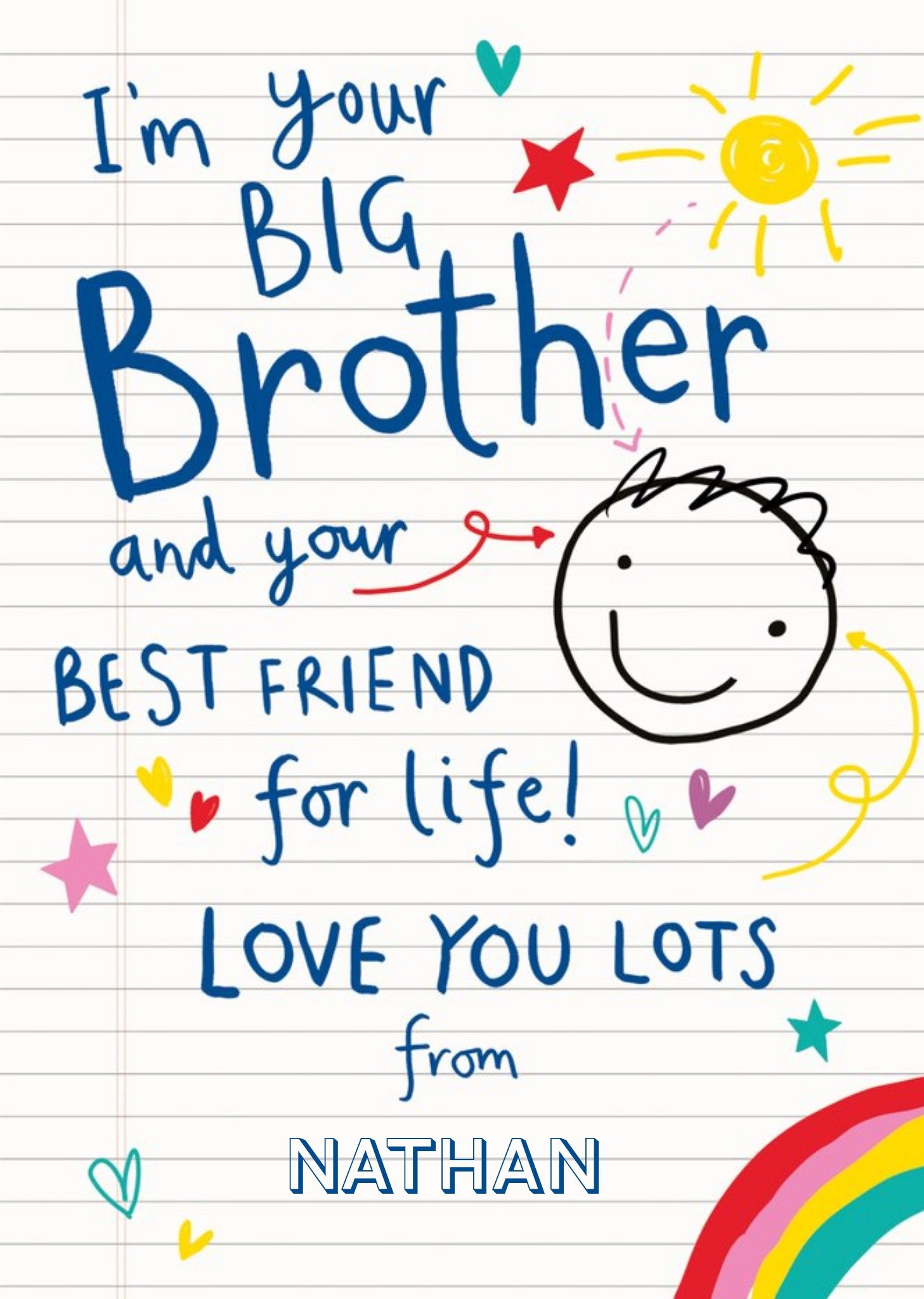 Moonpig Blue Typographic Doodle Customisable I'm Your Big Brother Card Ecard