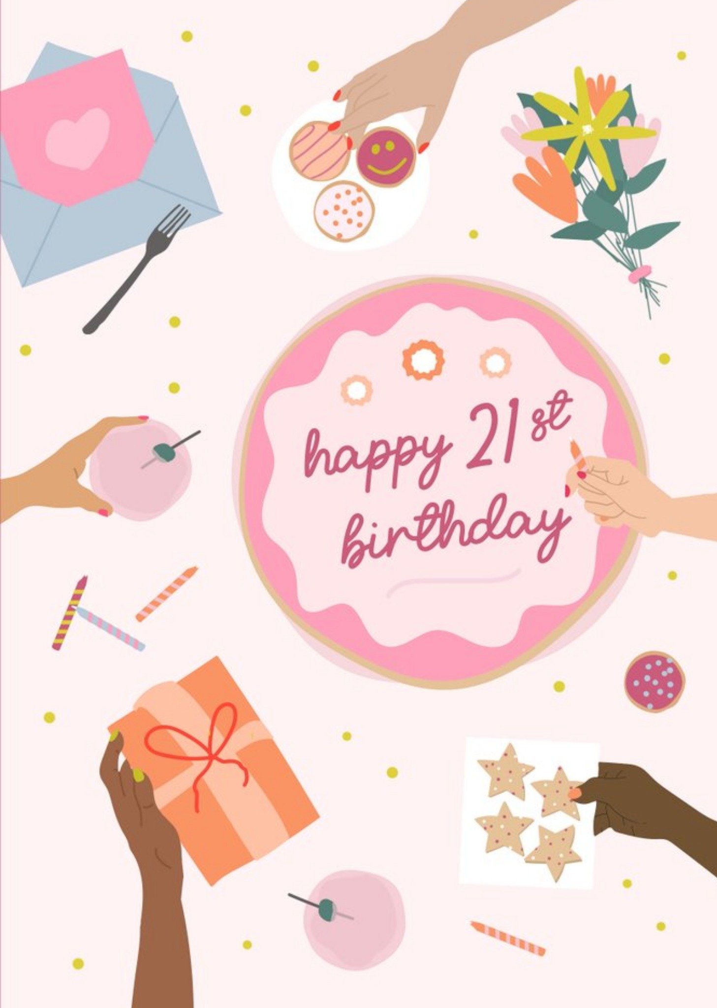 Moonpig Illustrated Cakes Being Eaten Happy 21st Birthday Card Ecard