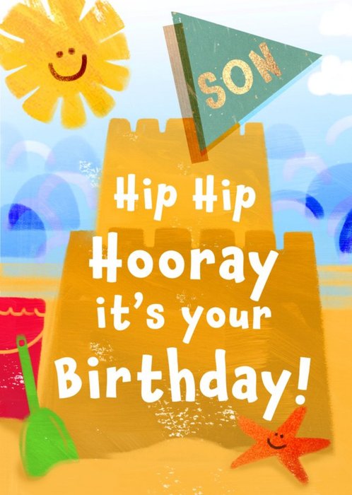 Sandcastle Illustration Hip Hip Hooray Son Birthday Card