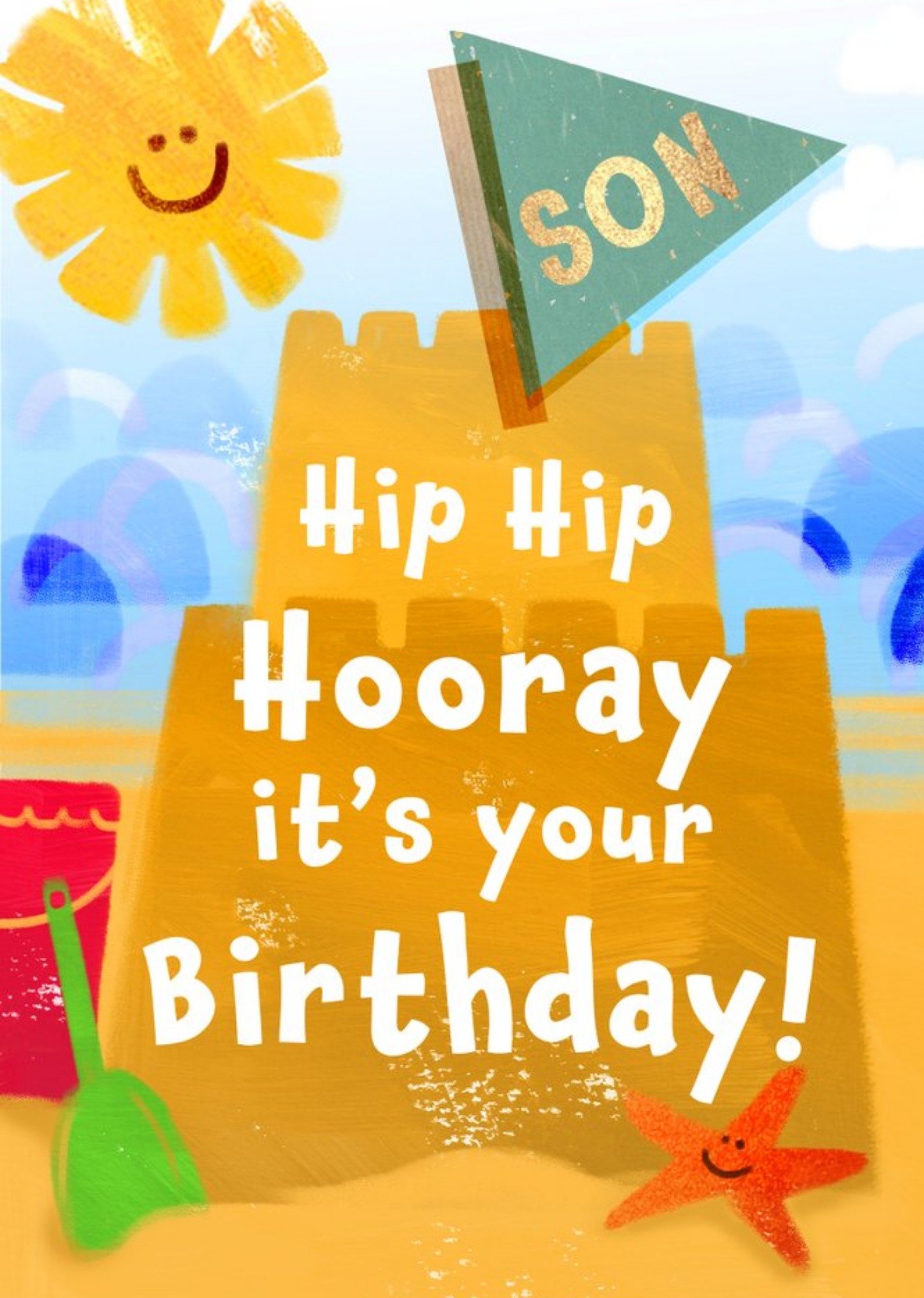 Sandcastle Illustration Hip Hip Hooray Son Birthday Card Ecard