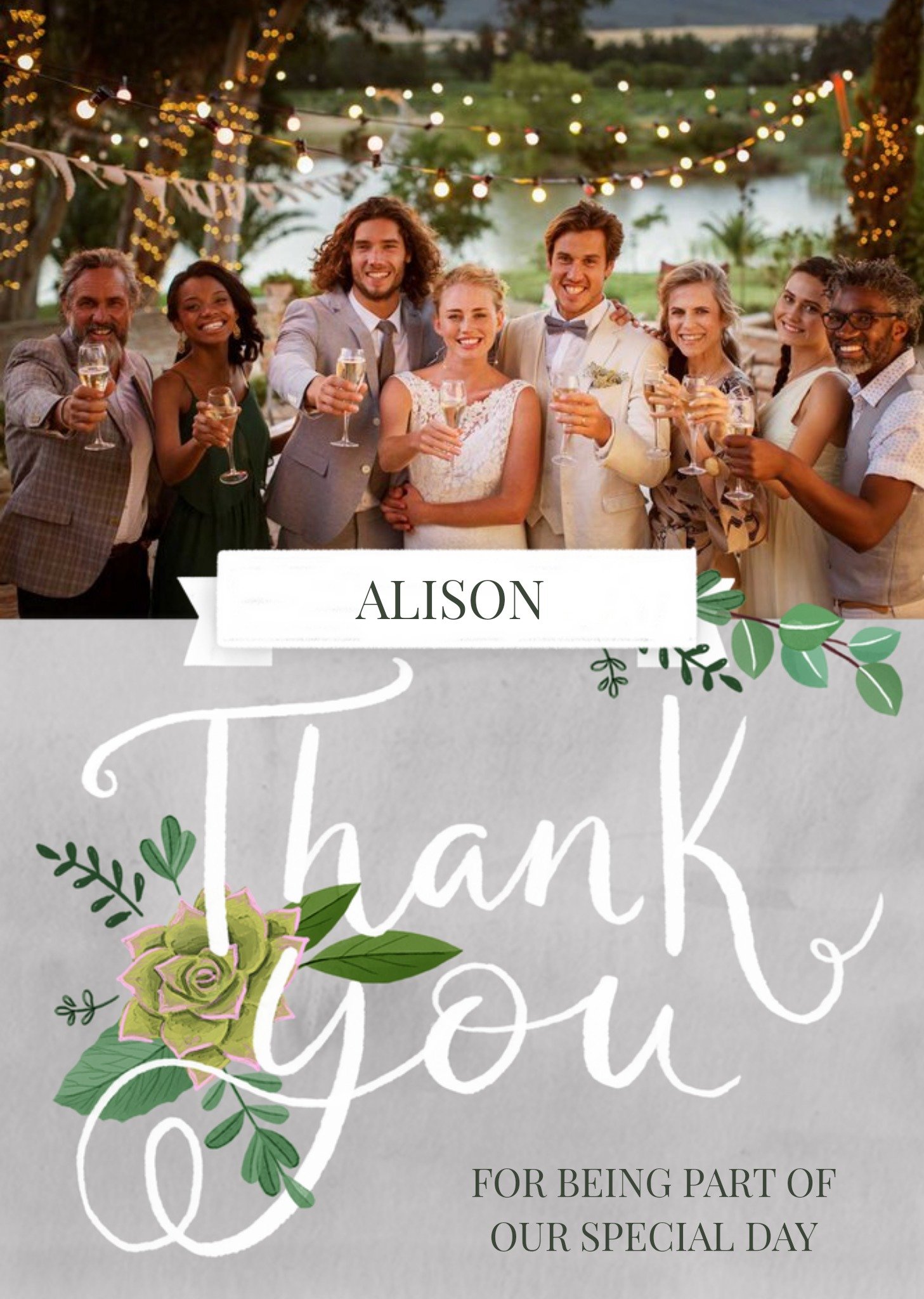 Okey Dokey Design Illustration Of Flowers Surround Large Handwritten Text Photo Upload Thank You Wedding Card