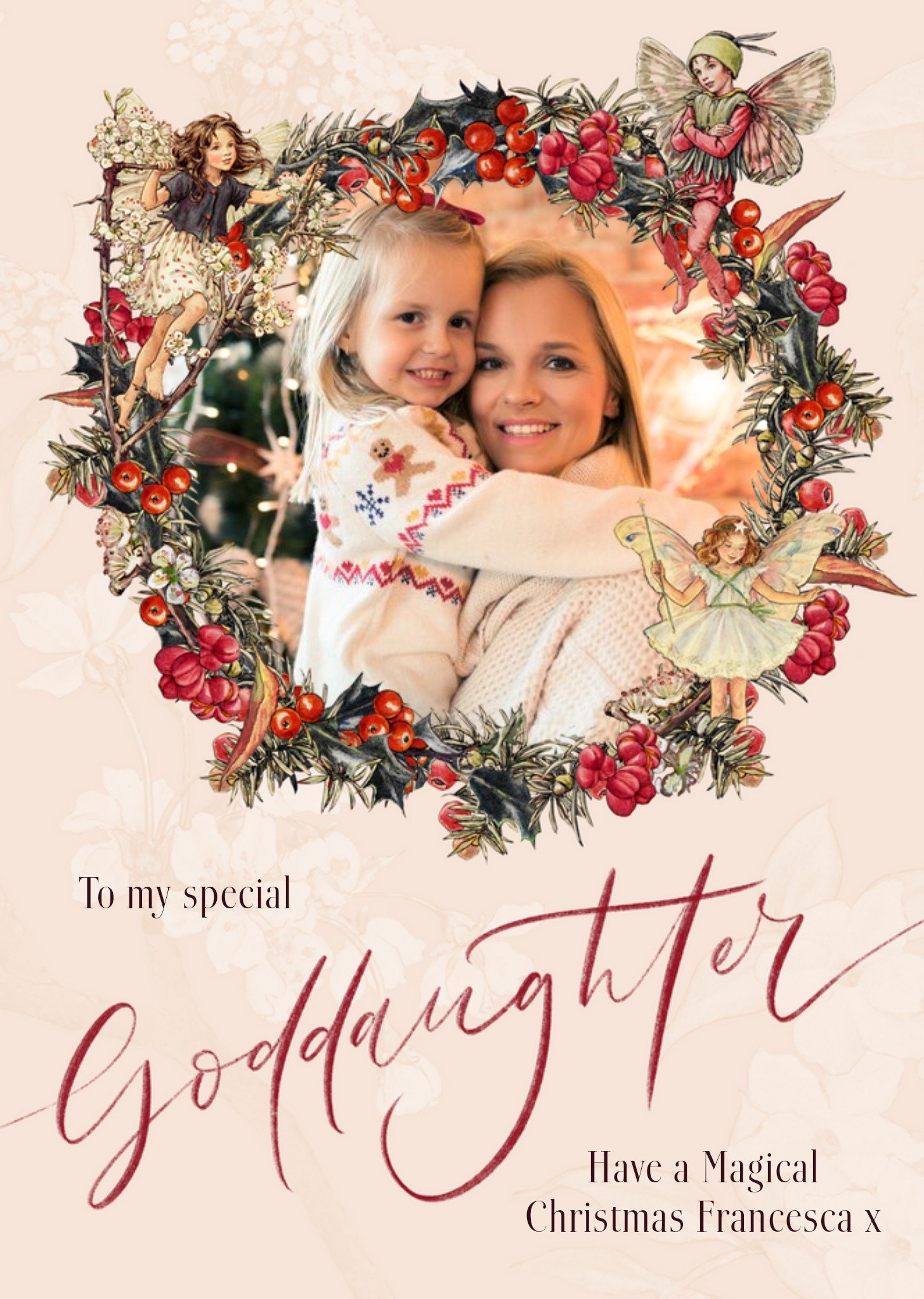 Flower Fairies Special Goddaughter Photo Upload Wreath Christmas Card, Large