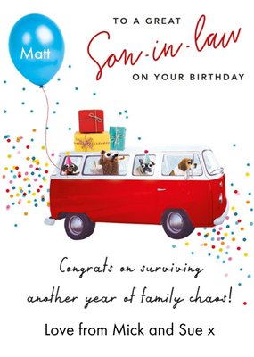 Clintons Illustrated Camper Van With Dogs In It To A Great Son In Law On Your Birthday Card