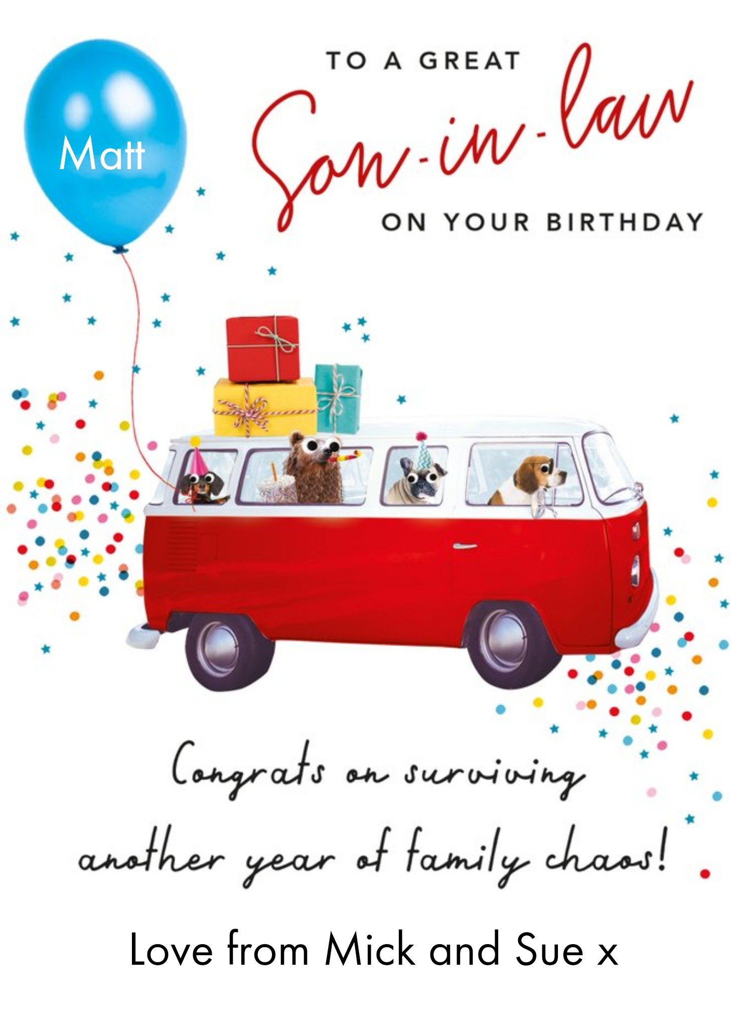 Moonpig Clintons Illustrated Camper Van With Dogs In It To A Great Son In Law On Your Birthday Card,