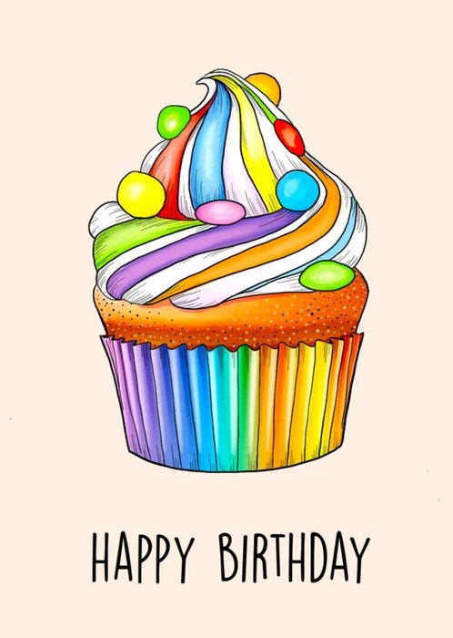 Poppy and Mabel Bright Rainbow Cupcake Happy Birthday Card