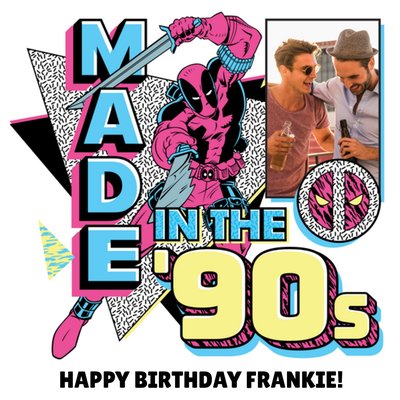 Funny Deadpool Retro Made In The 90s Happy Birthday Photo Upload Card