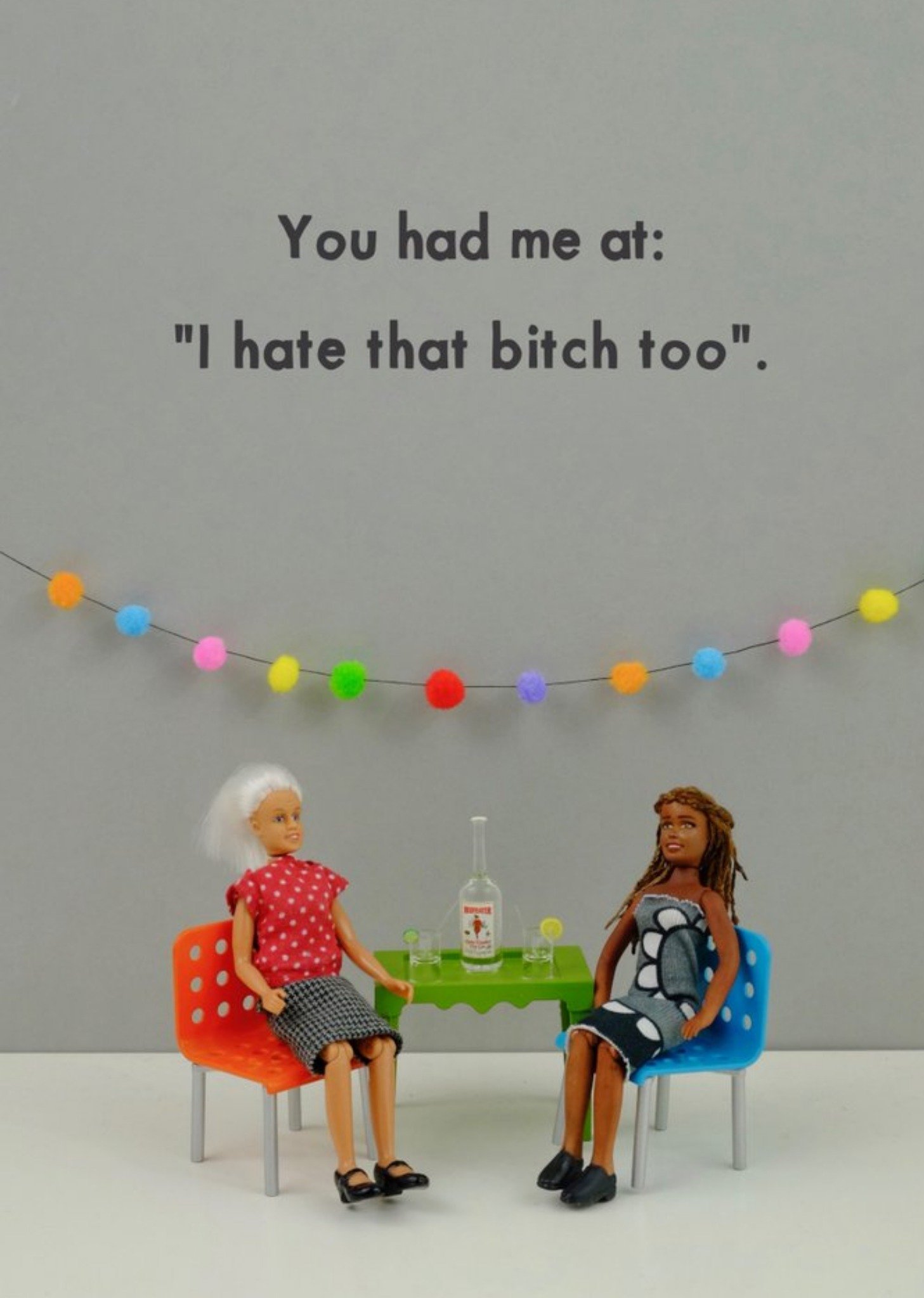 Bold And Bright Funny Photographic Image Of Two Dolls Drinking I Hate That Bitch Too Card