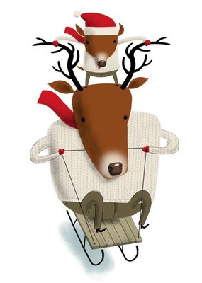 Modern Cute Illustration Sledging Reindeers Christmas Card