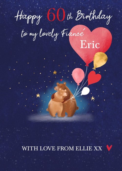 Cute Illustrated Bear Couple Heart Balloon Starry 60th Birthday Card