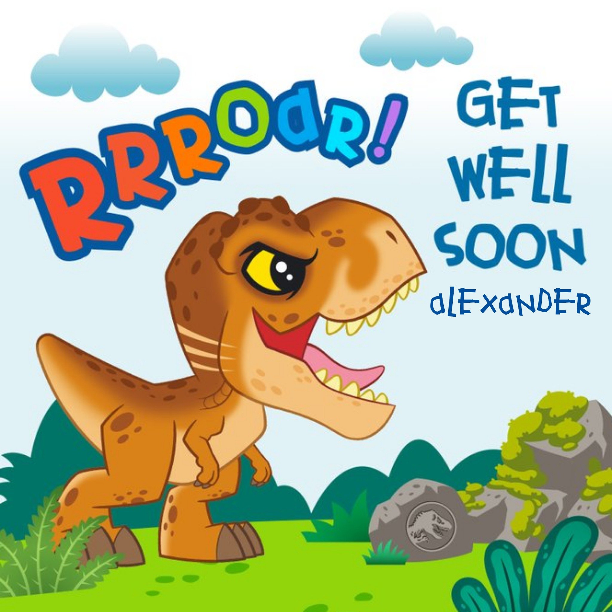 Jurassic Park Cute Cartoon T-Rex Get Well Soon Card, Square