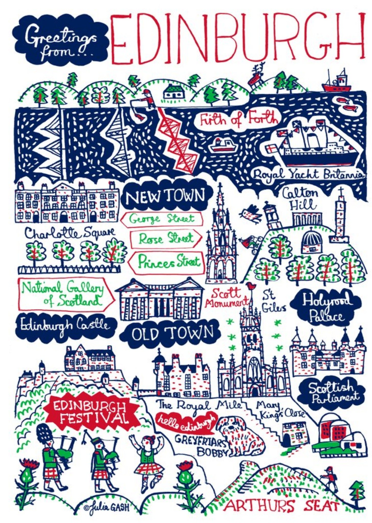 Illustrated Greetings From Edinburgh Map Card Ecard