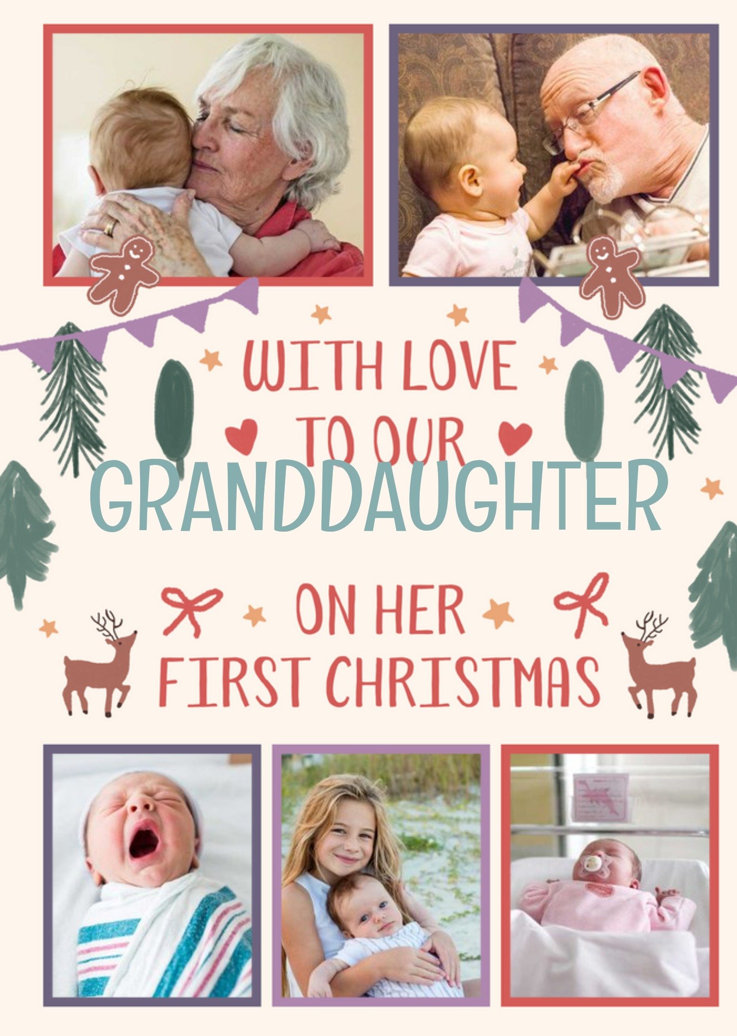 Moonpig Five Photo Frames With Illustrations Of Reindeers Granddaughters Photo Upload Christmas Card