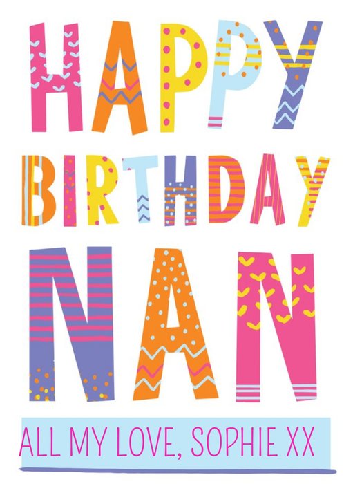 Bright Patterned Letters Happy Birthday Nan Card