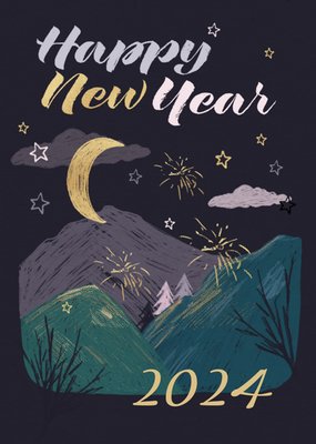 Cosmic Mysterious Illustrated Crescent Moon Fireworks Mountains Night Scene New Year Card