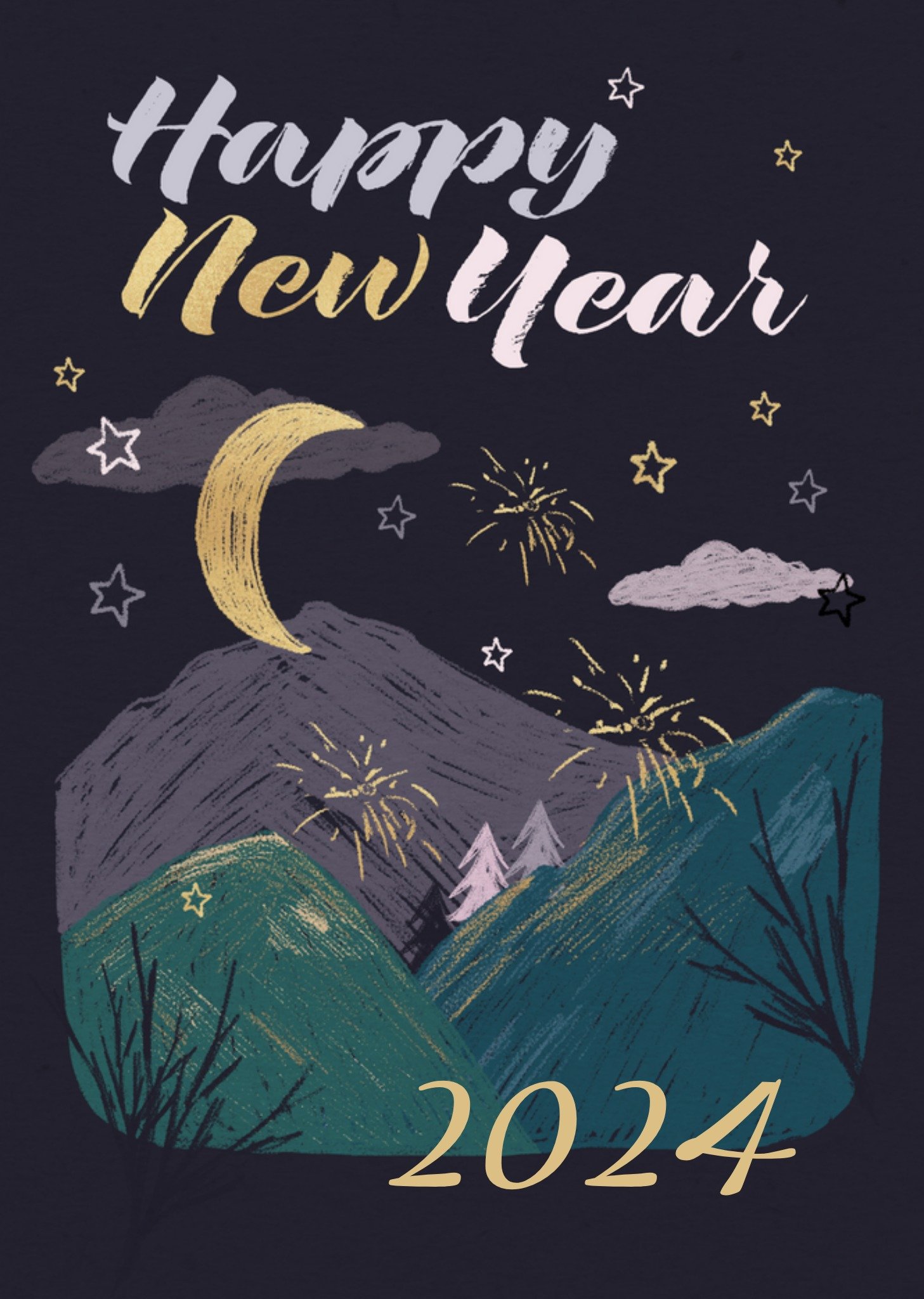 Moonpig Cosmic Mysterious Illustrated Crescent Moon Fireworks Mountains Night Scene New Year Card, L