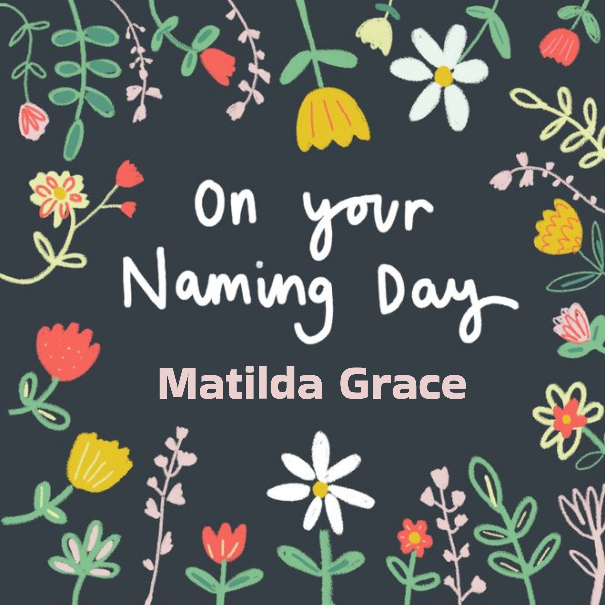 Illustrated Floral Baby Naming Day Personalise New Baby Card, Square