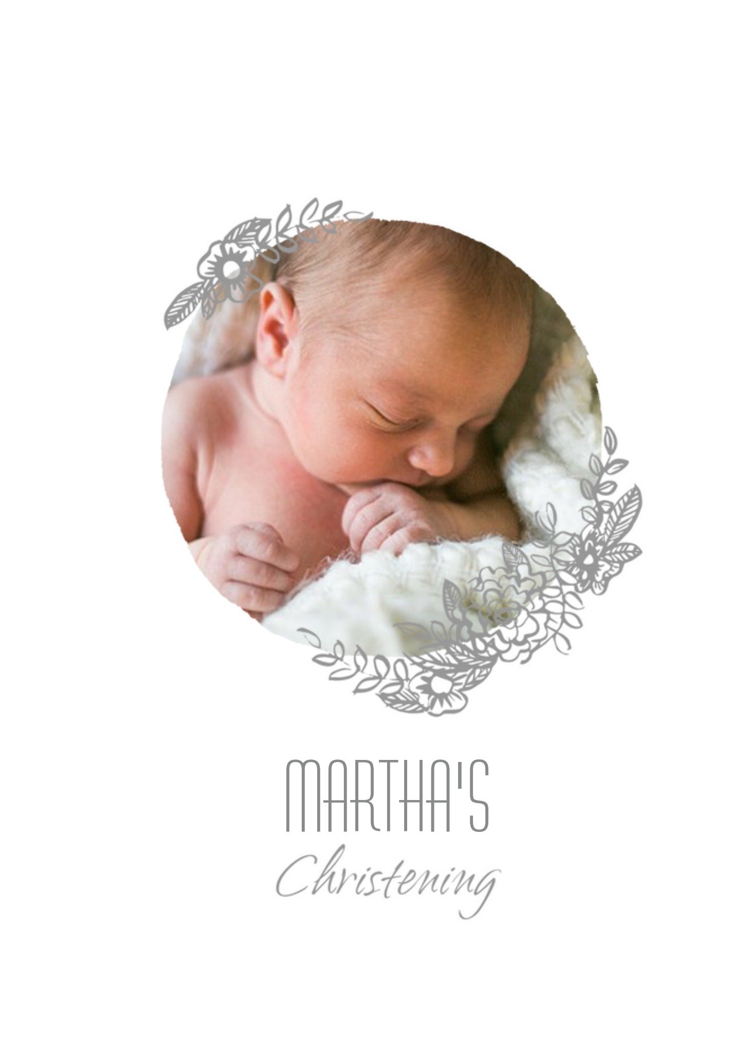 Grey Flowers Photo Upload Christening Invitation Ecard