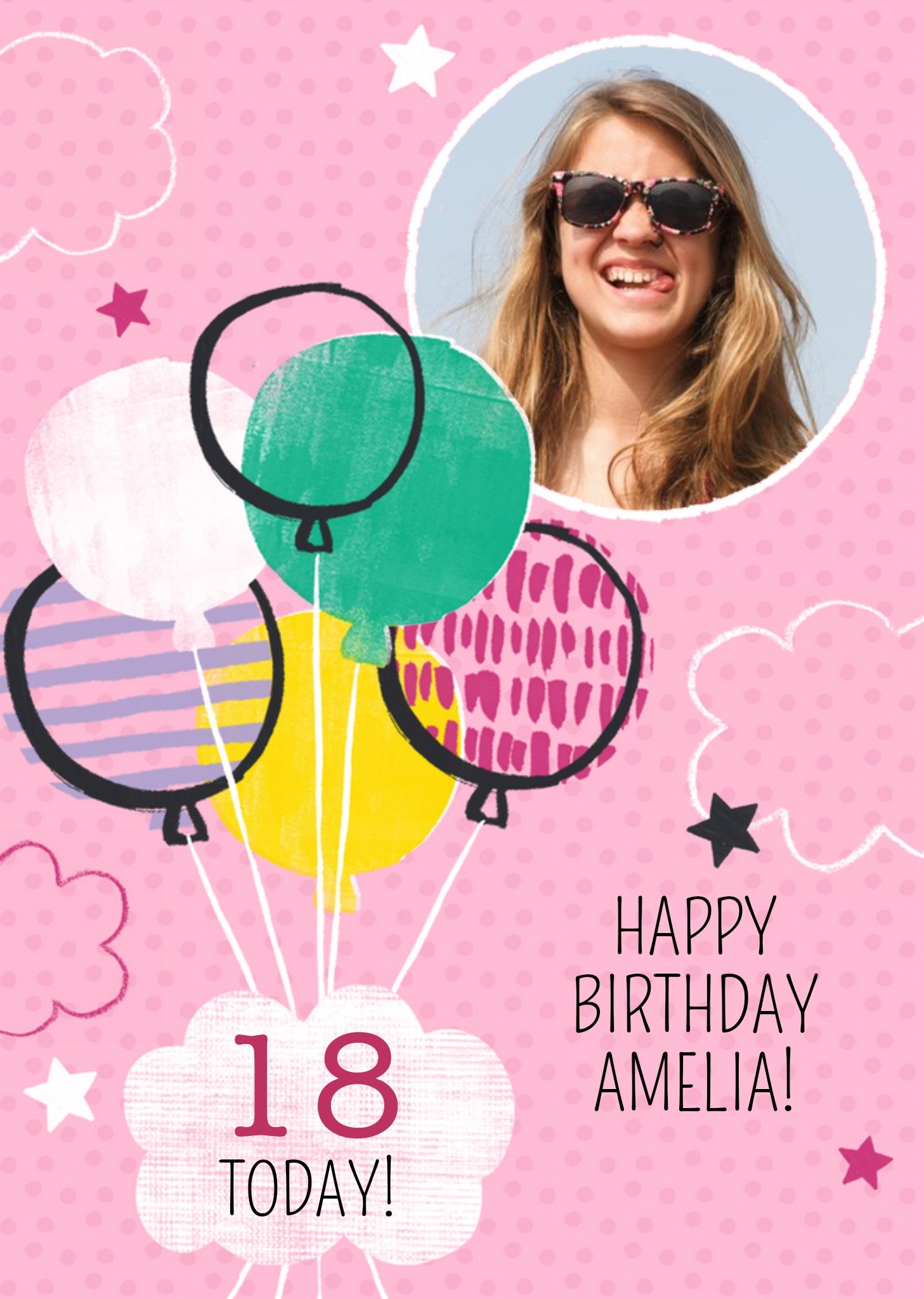 Moonpig Pink Balloons Personalised Photo Upload Happy 18th Birthday Card Ecard