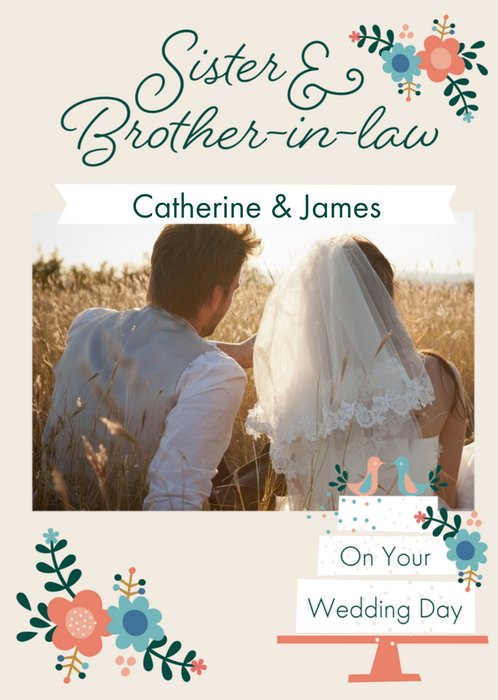 Typographic Floral Design Sister And Brother In Law On Your Wedding Day Photo Upload Card