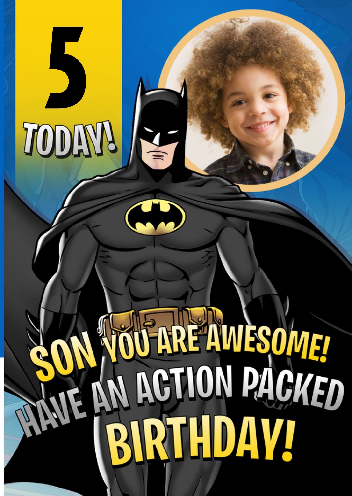 Batman 5 Today Action Packed Birthday Photo Upload Card, Large