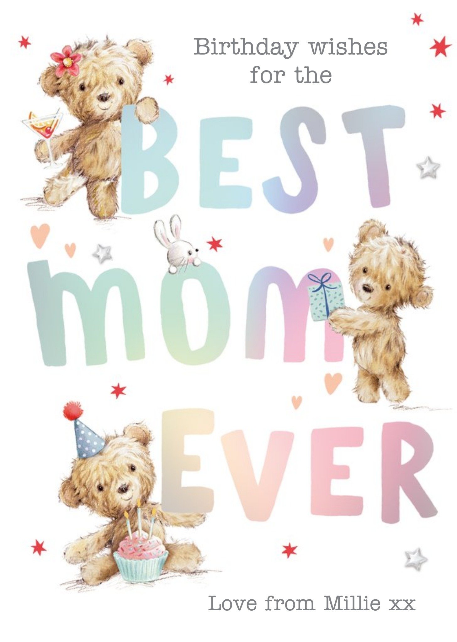 Moonpig Illustrated Teddy Bears Rainbow Typographic Personalised Best Mom Ever Card Ecard