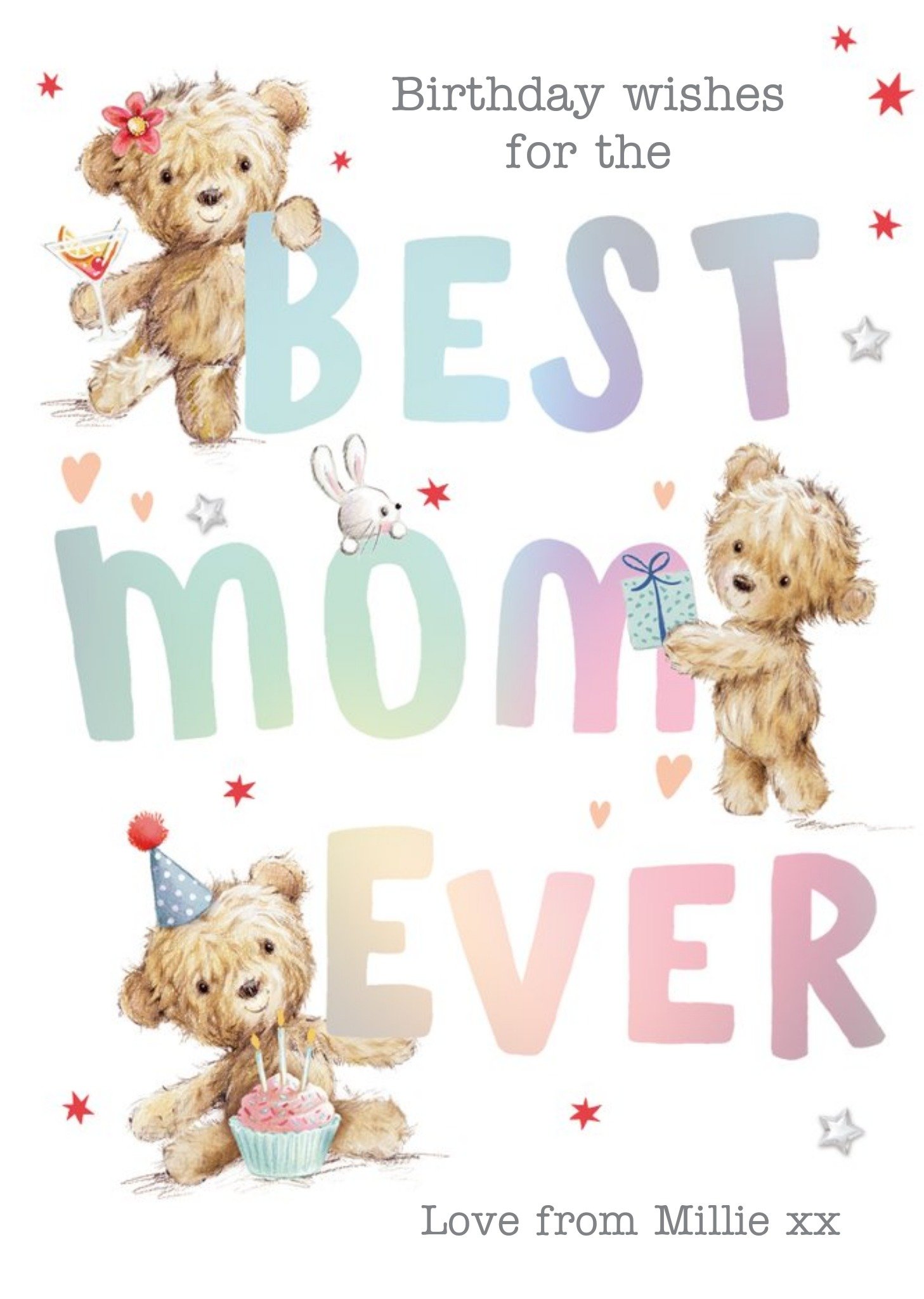 Illustrated Teddy Bears Rainbow Typographic Personalised Best Mom Ever Card Ecard