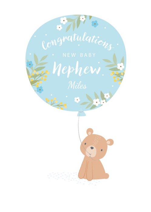 Cute Illustrative Bear Balloon New Baby Nephew Card