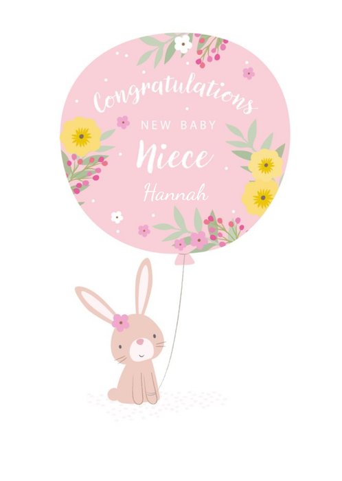 Cute Illustrative Bunny Balloon New Baby Niece Card