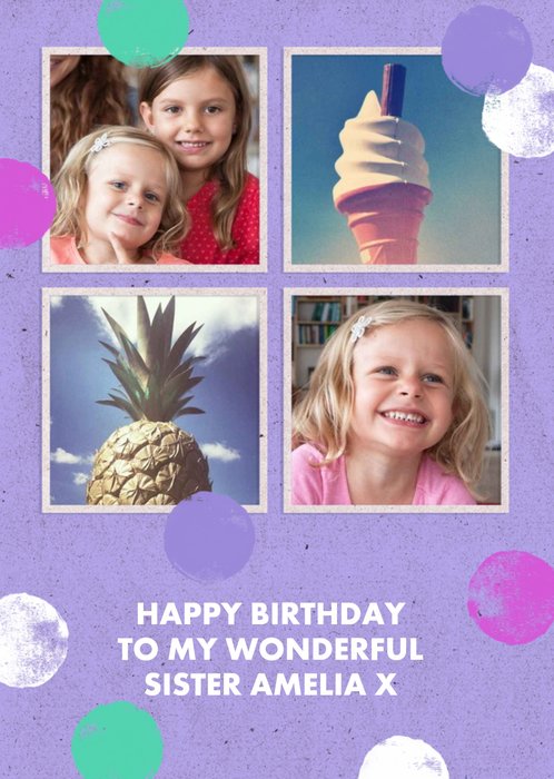 Purple Confetti Happy Birthday To Our Wonderful Sister Multi Photo Upload Card