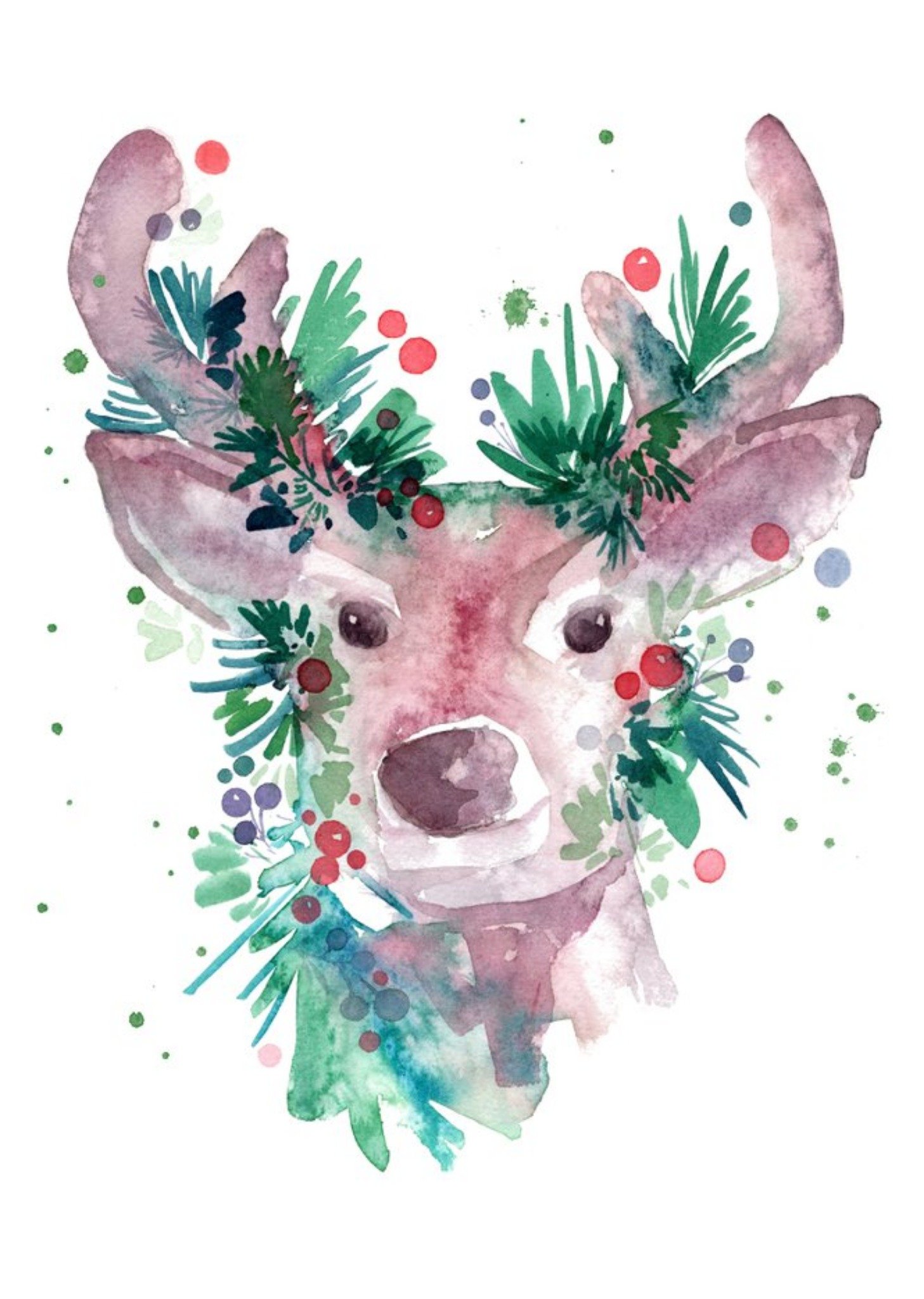 Moonpig Beautiful Reindeer With Holly Watercolour Illustration Christmas Card, Large