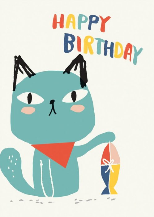 Cute Cat And Fish Present Birthday Card