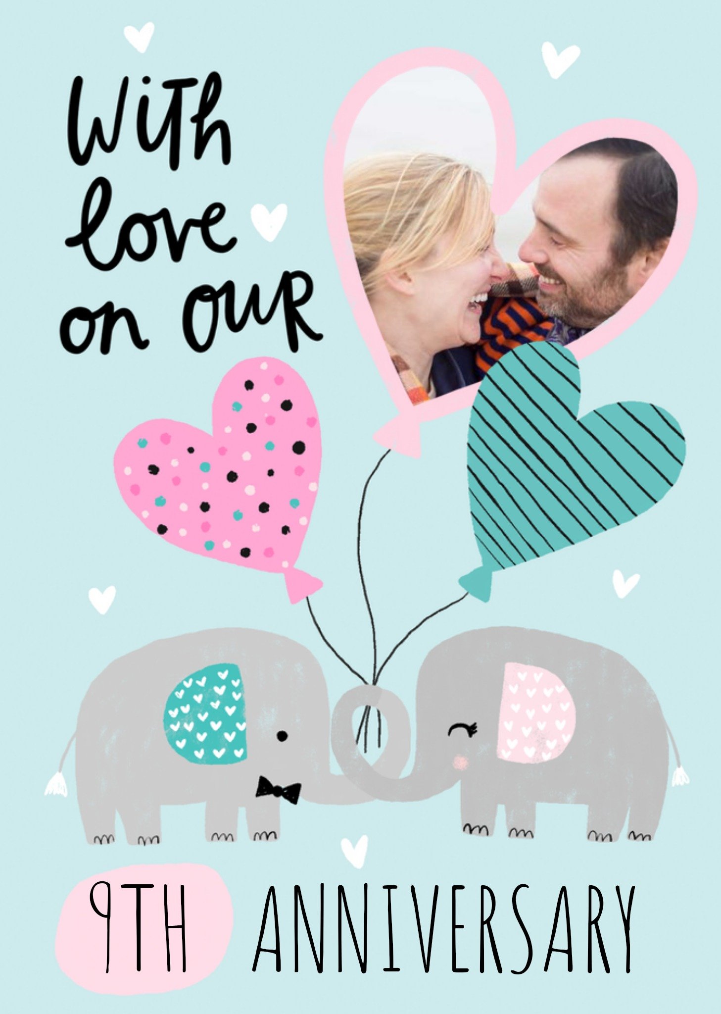 Moonpig Illustration Of Two Elephants With Heart Shaped Balloons Photo Upload Anniversary Card, Larg