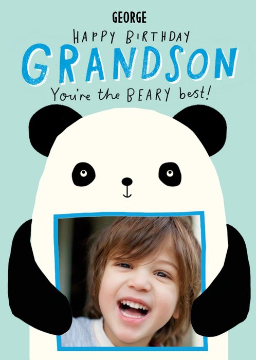 Cute Photo Upload Illustrated Panda Grandson Birthday Card  
