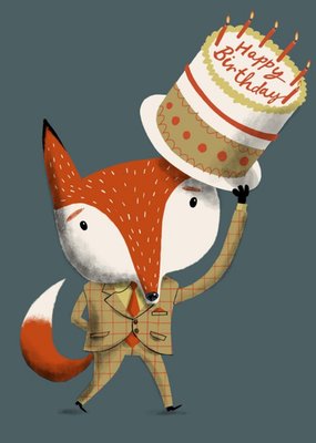 Modern Cute Illustration Fox With Birthday Cake Birthday Card