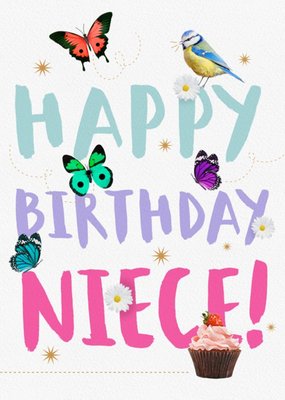 Butterfly, Bird and Cupcake Niece Birthday Card