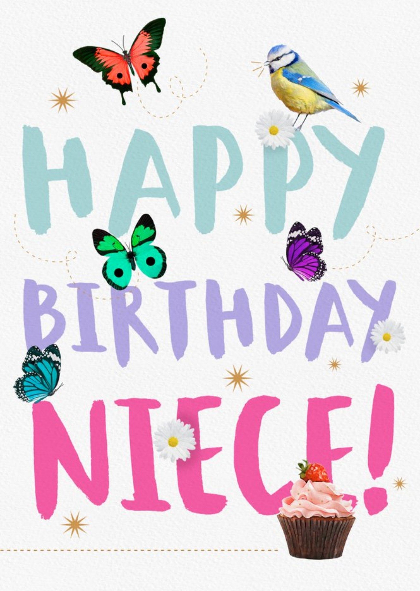 Butterfly, Bird And Cupcake Niece Birthday Card Ecard