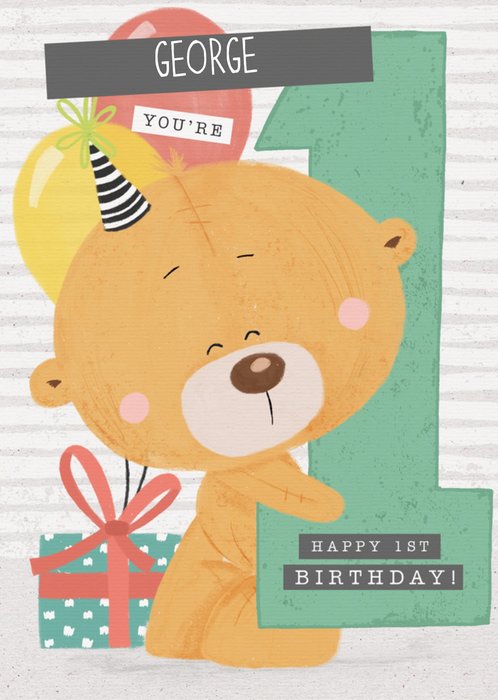 Cute Uddle Bear Wearing Party Hat Holding Giant 1 Personalised Birthday Card