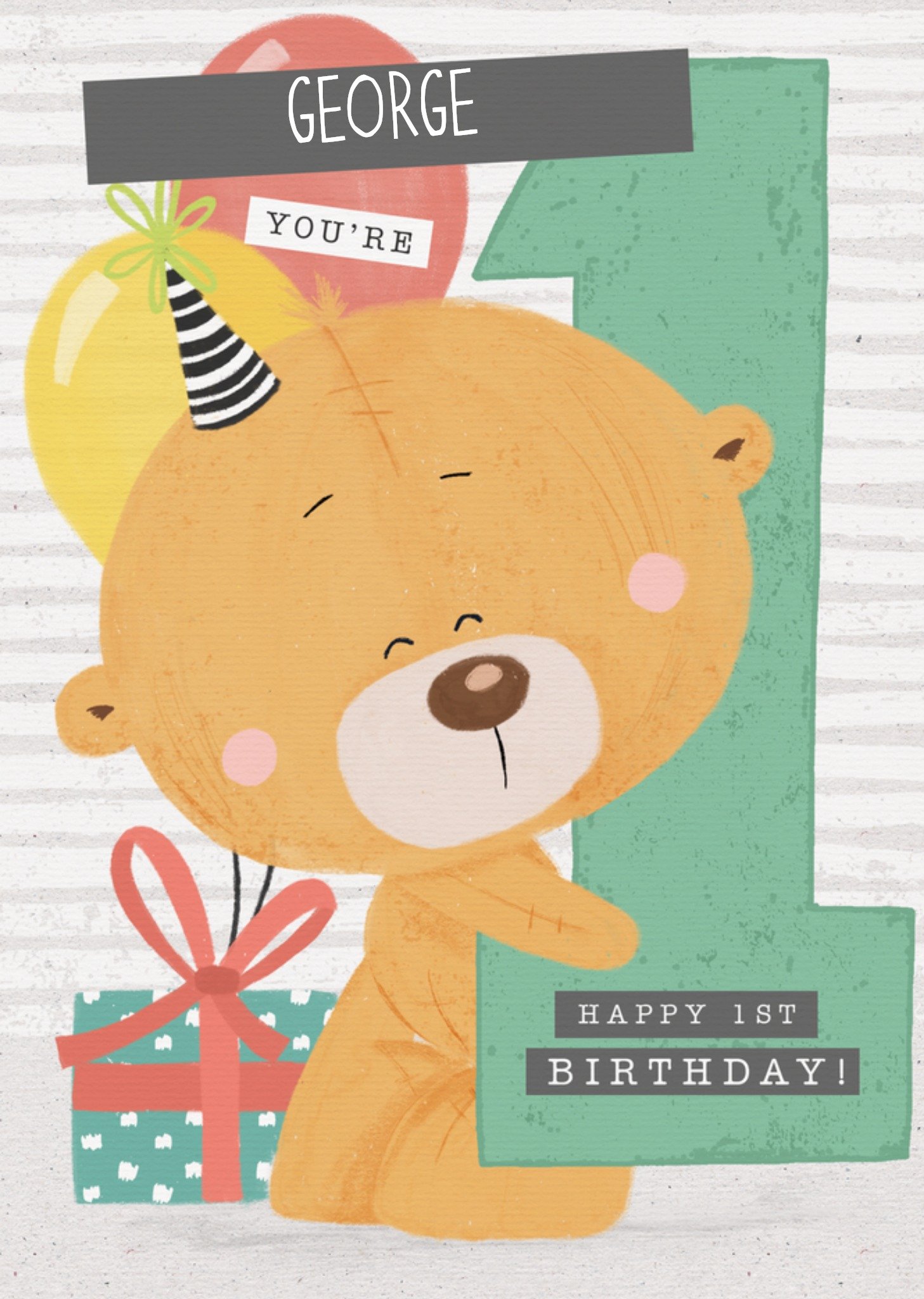 Moonpig Cute Uddle Bear Wearing Party Hat Holding Giant 1 Personalised Birthday Card Ecard