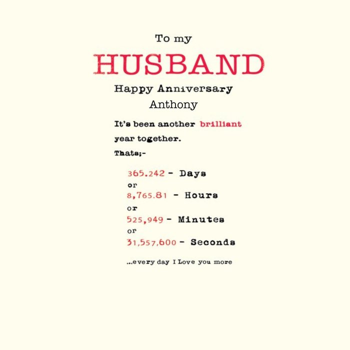 Days And Hours Personalised Anniversary Card For Husband