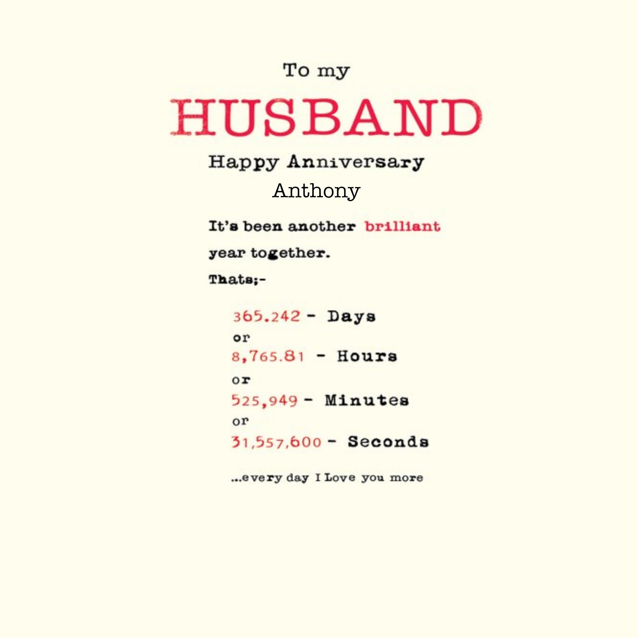 Days And Hours Personalised Anniversary Card For Husband, Square