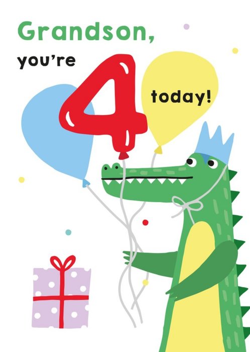 Illustrated Cute Crocodile Party Grandson Youre 4 Today Birthday Card