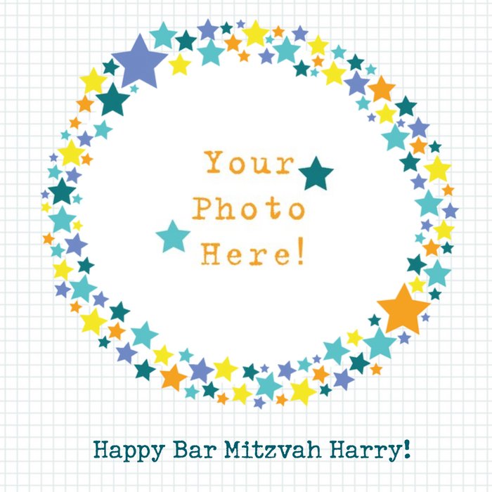 Star Circle Framed Personalised Photo Upload Happy Bar Mitzvah Card
