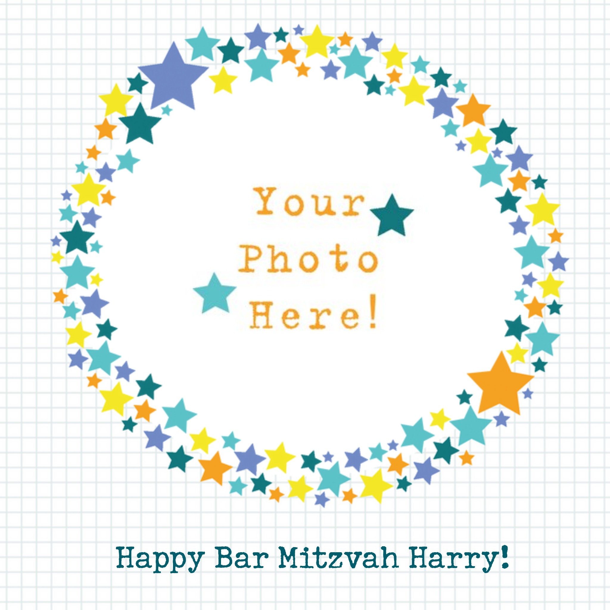 Star Circle Framed Personalised Photo Upload Happy Bar Mitzvah Card, Square