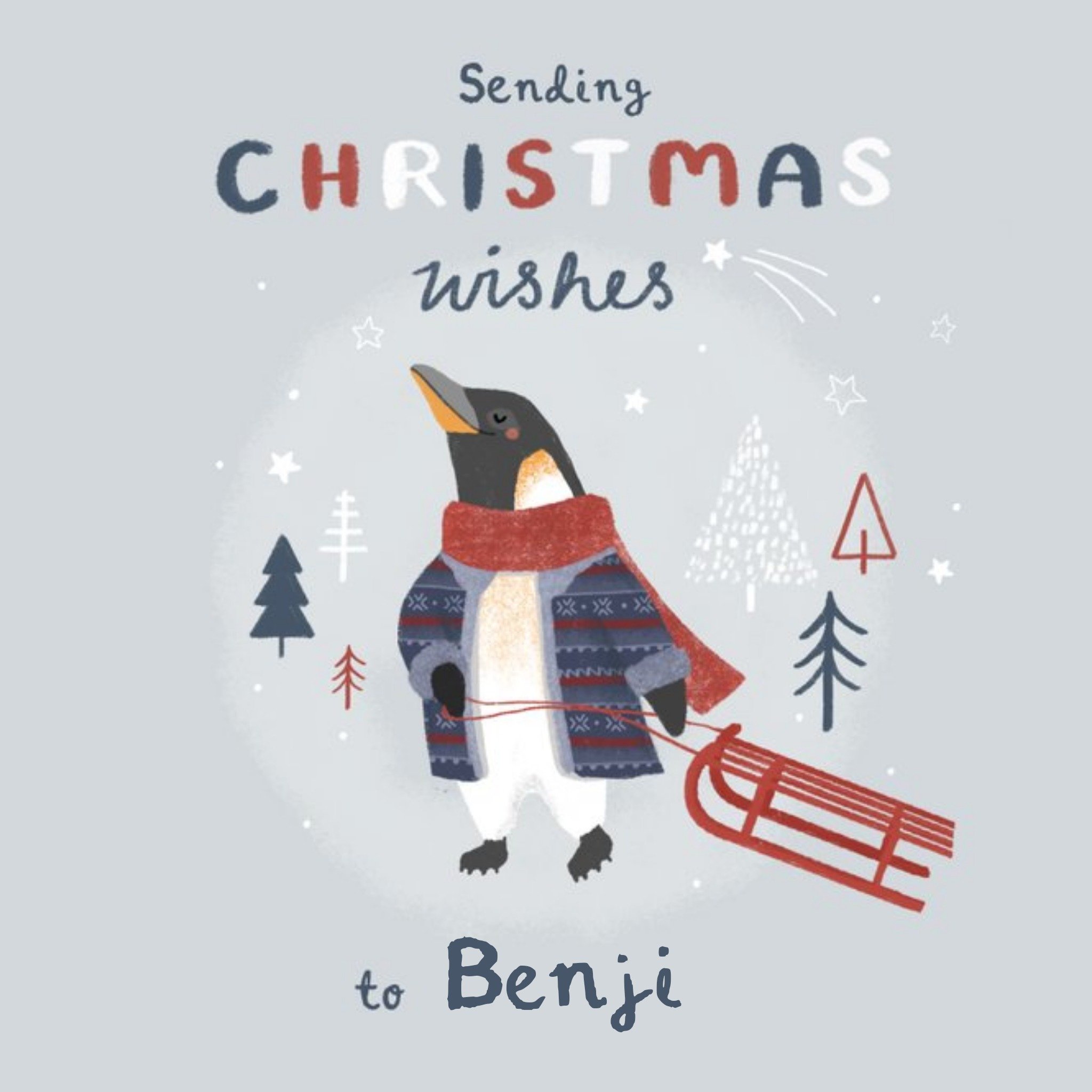 Illustrated Smiling Penguin Christmas Card, Square