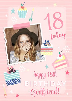 Line Pattern Illustrated Birthday Cakes 18th Birthday Girlfriend Photo Upload Card