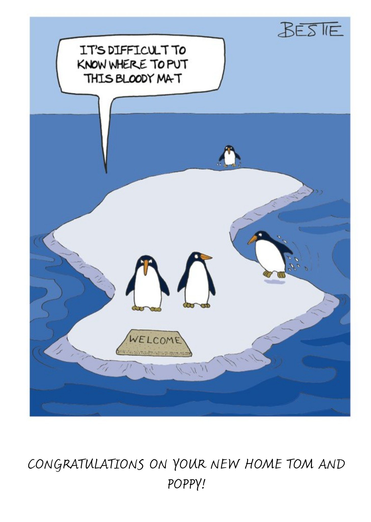 Penguins Difficulties Funny Personalised New Home Card Ecard