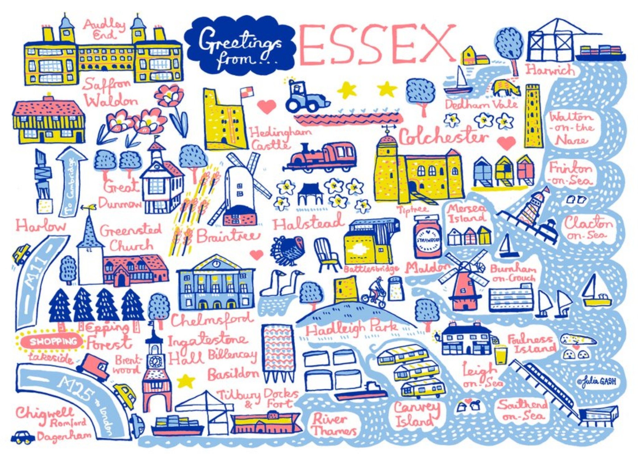 Illustrated Greetings From Essex Map Card Ecard