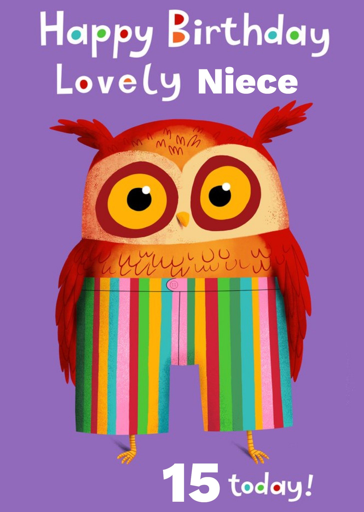 Funky Owl Wearing Stripy Colourful Shorts Personalise Age Niece Birthday Card Ecard