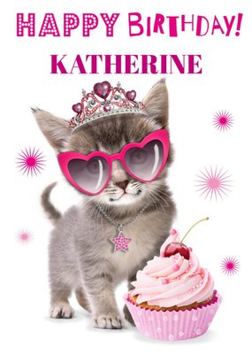 Cute Kitten With Cupcake And Sunglasses Personalised Card