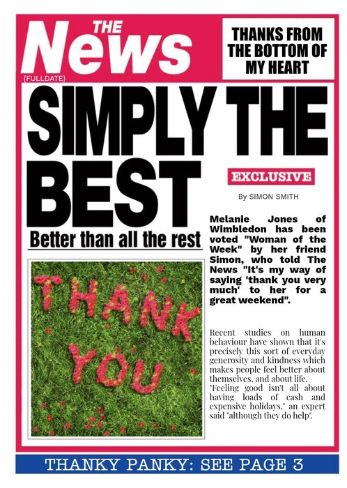 Simply The Best Newspaper Headline Personalised Thank You Card